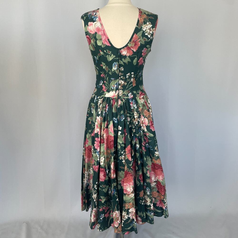 Vintage Midi Dress Size 10 Green Pink Floral Botanical Garden Spring Romantic - Picture 8 of 16